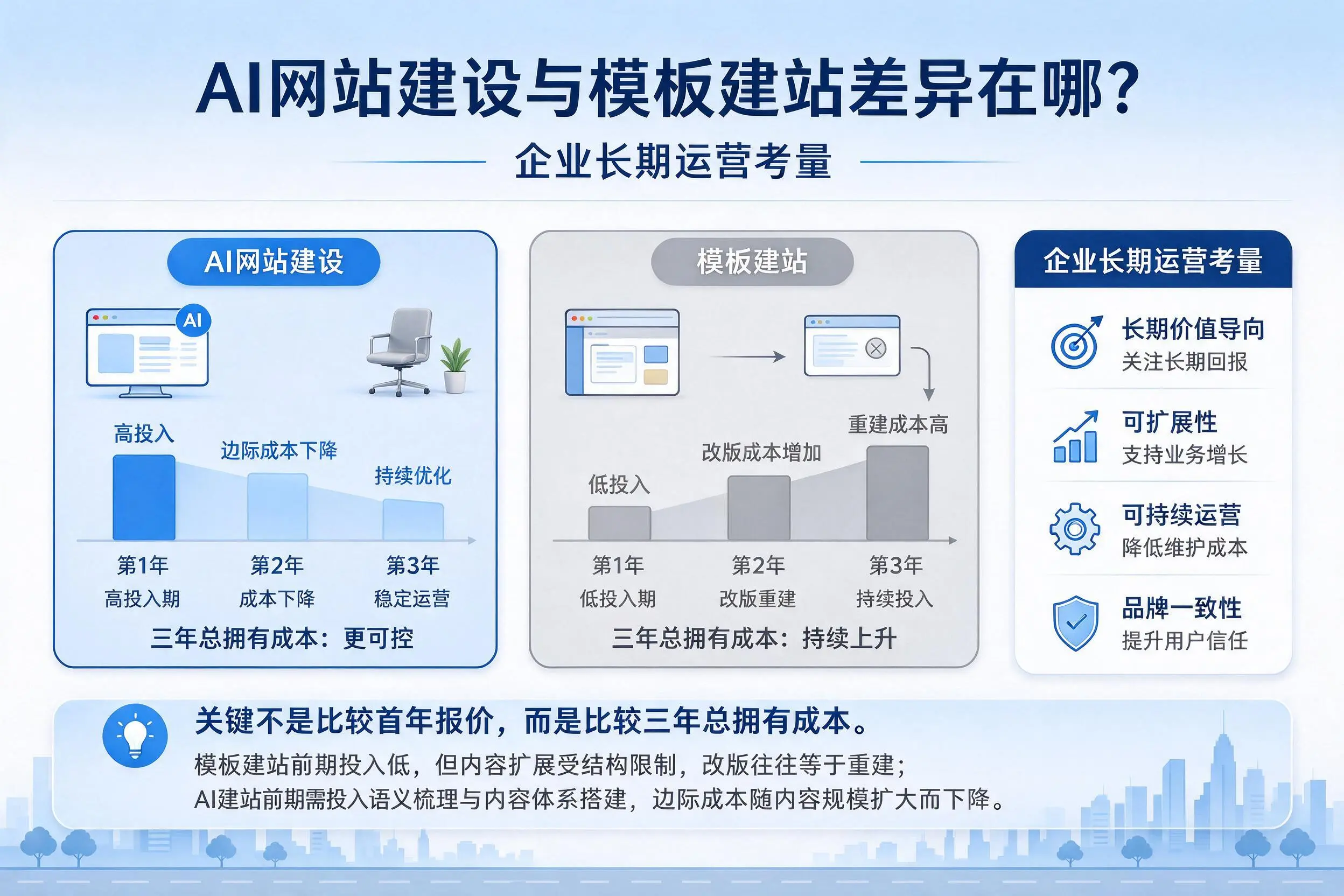 AI网站建设与模板建站差异在哪？巴彦淖尔企业长期运营考量